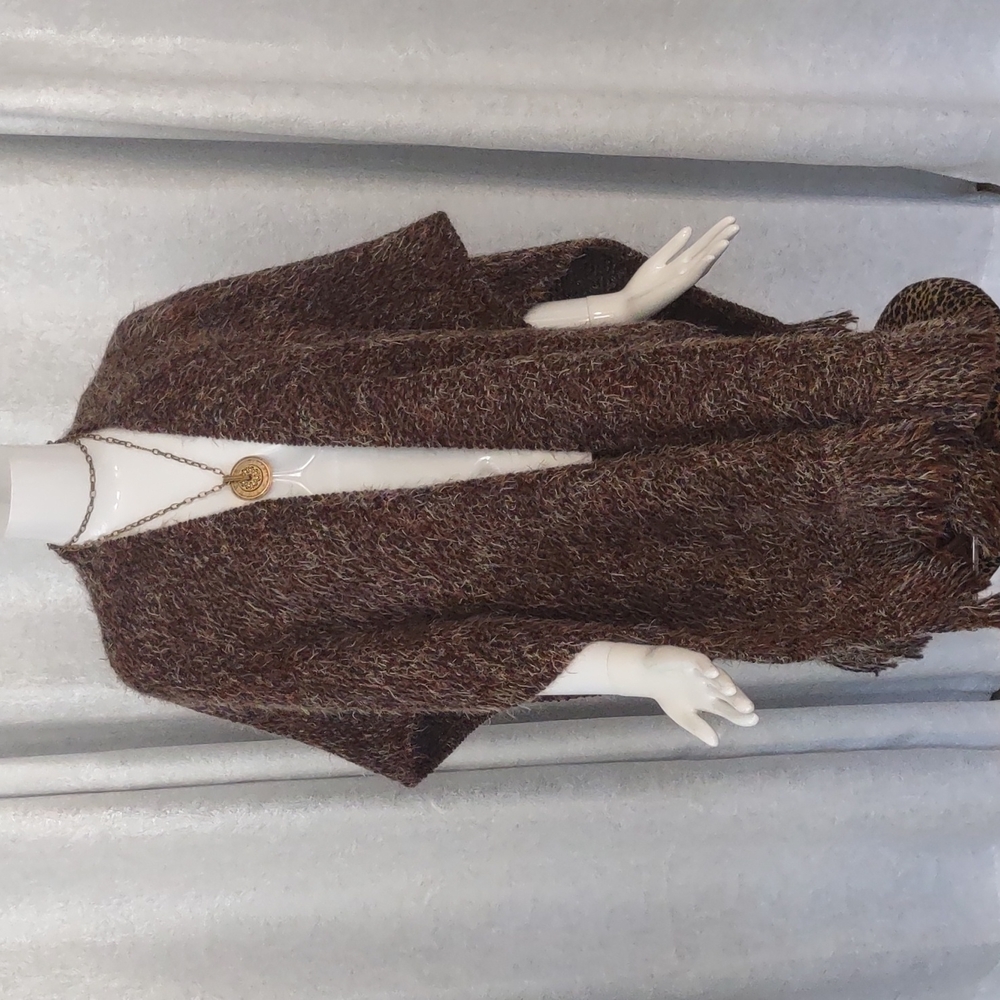 Bryn Walker Fall Poncho Wrap Open Long Fringe Bohemian Sweater Wool Shaggy Coat